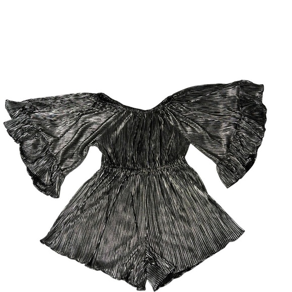 SAN JOY Silver Black Metallic Off The Shoulder Pleated Romper Size S - Picture 7 of 16